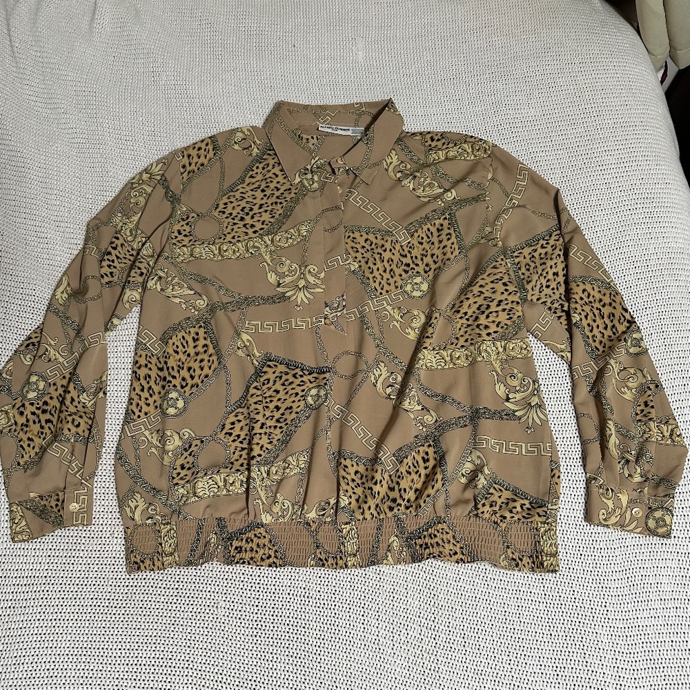 Vintage long sleeve animal‎ print neutral blouse with elastic trim size 22W